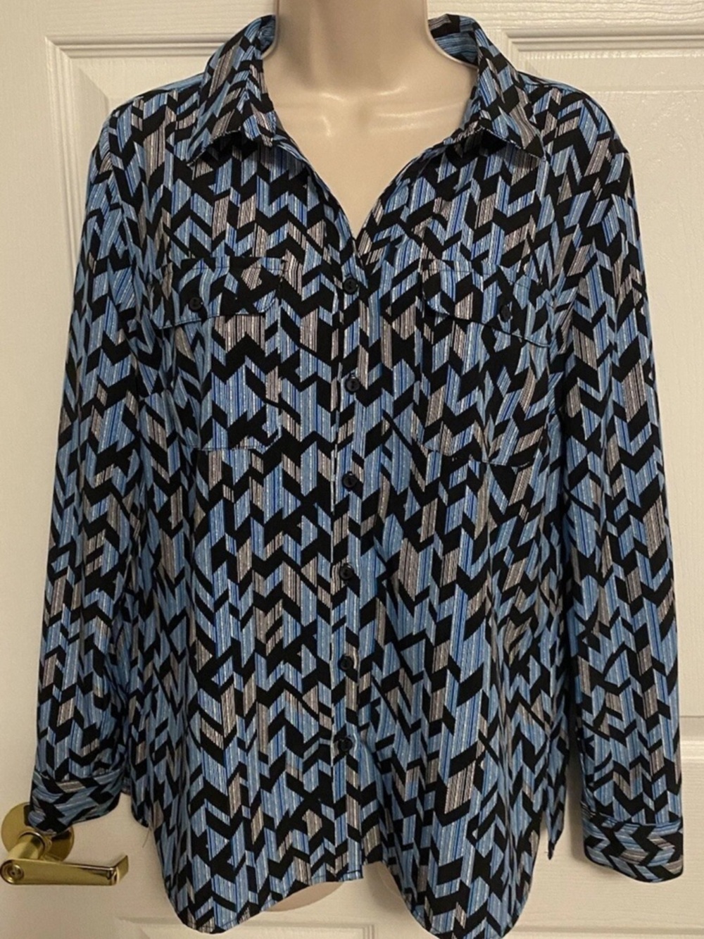 Kim Rogers Curvy Blue and Black Patterned Blouse, 1X
